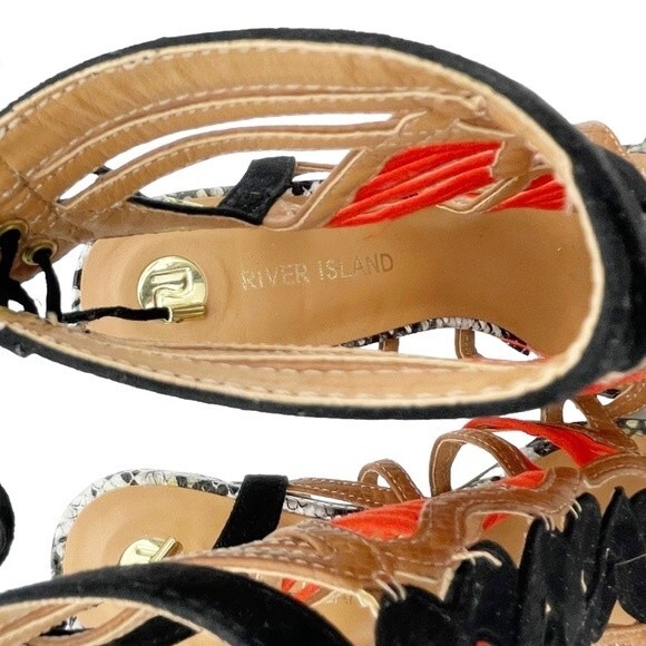 River Island Strappy Caged Mixed Print Heels Black Coral Tan Women’s 7 US | 5 UK - Picture 14 of 16